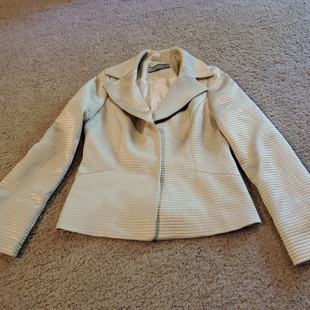 Anne Klein Cream Silky Square Print Fitted Blazer Sz Small